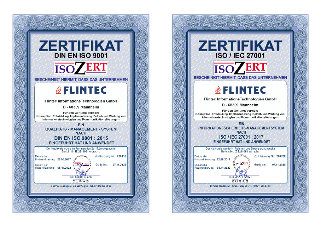FLINTEC ISO 9001 und 27001 Zertifikate 2022