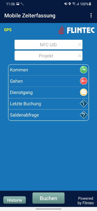 Flintec App für mobile Projektzeiterfassung mit NFC bei NFC-fähigem Erfassungsgerät.