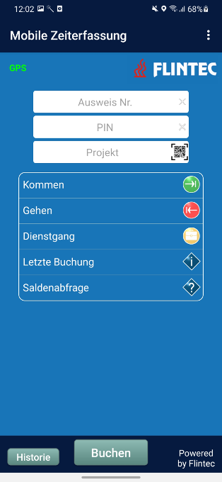 Flintec App für mobile Projektzeiterfassung mit dem Einlesen eines QR-Code für ein Projekt.